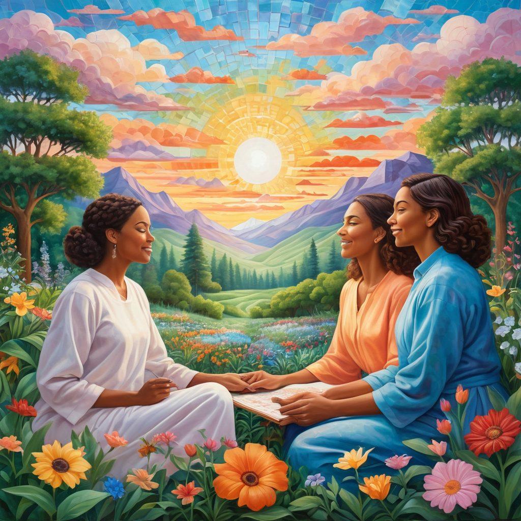 A serene landscape depicting diverse individuals from various backgrounds joyfully collaborating on a vibrant mosaic mural symbolizing equality. In the background, lush greenery and flowers bloom, representing harmony and growth. The sky is painted in soft pastels, signifying a peaceful dawn. Incorporate subtle symbols of unity and diversity within the mural. painting. vibrant colors. harmonious composition.