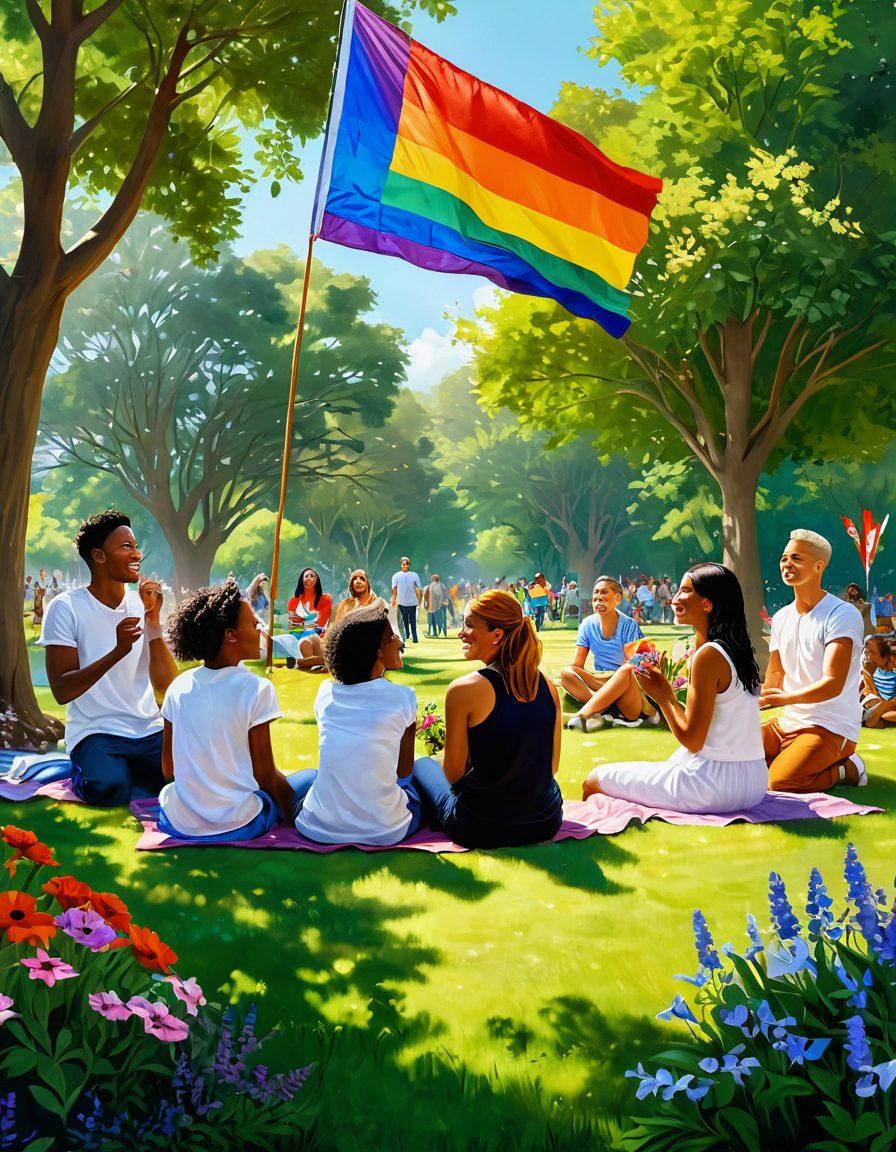 A serene landscape depicting a diverse group of people joyfully gathering in a sunlit park, sharing smiles and laughter, surrounded by blooming flowers and lush greenery. The scene includes symbols of equality like rainbow flags and various cultural elements. The atmosphere radiates warmth and happiness, showcasing harmony and connection among individuals. vibrant colors. super-realistic.