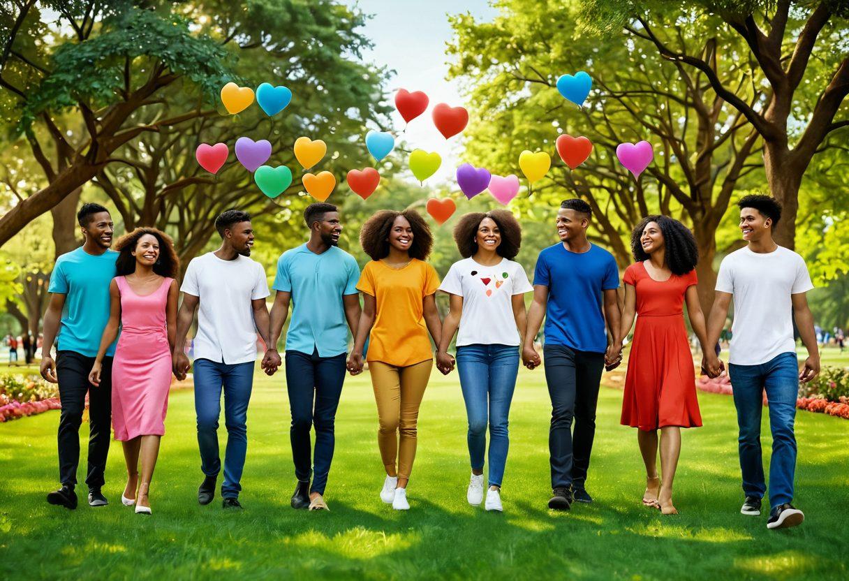 A diverse group of people joyfully celebrating together in a vibrant park, holding hands in unity, with symbols of social justice such as scales and hearts integrated into the lush environment. Bright colors represent inclusiveness and happiness, while a serene atmosphere radiates blissful coexistence. super-realistic. vibrant colors. 3D.
